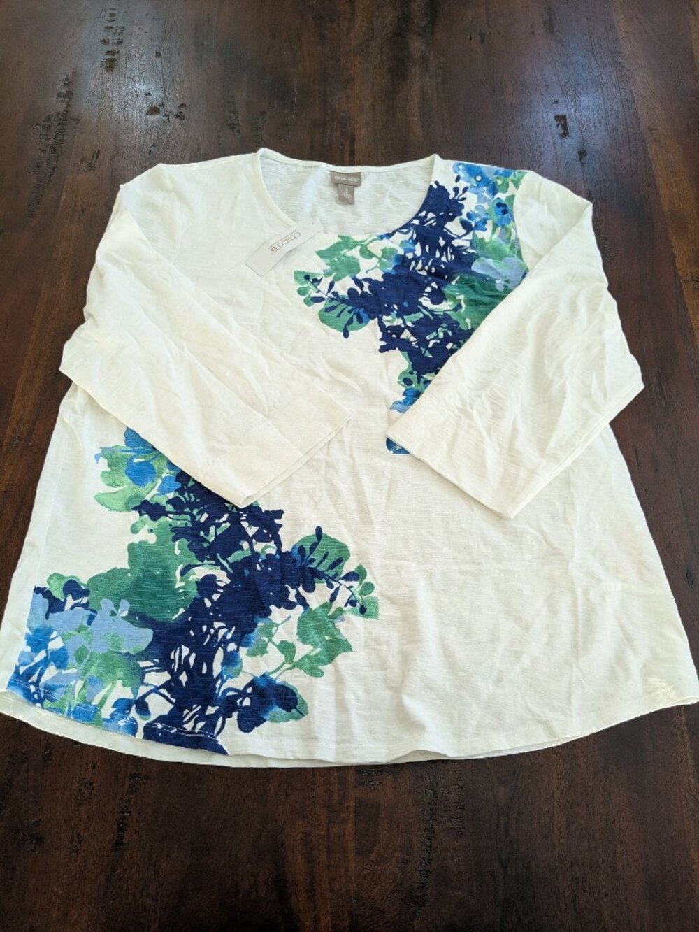 NWT Chico’s Spring Paradise Floral 3/4 Sleeve Shirttail Top Midnight (Size 3 / X